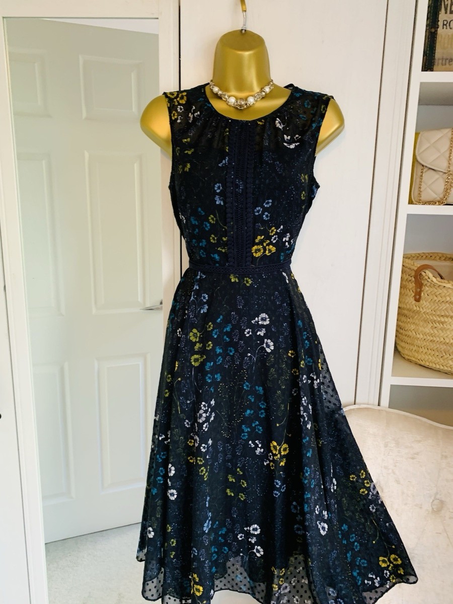 Hobbs London Liza Navy Floral Swiss Dot Fit & Flare Midi
