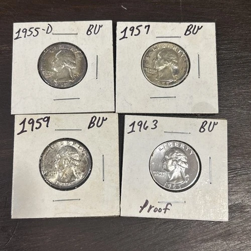Lot of 4 Washington 90% Silver Quarters 1955D, 1957, 1959, 1963 PROOF • ALL BU