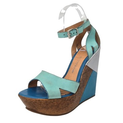 Bottero Platform Wedge Sandals Blue Gray Leather Ankle Strap Women EU 37/ 6.5 US