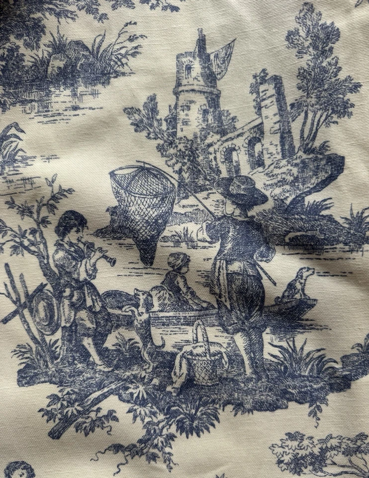 Par de cortinas plisadas French Country Blue Toile 49x82 Ea forradas algodón lino  Foto 3 de 4