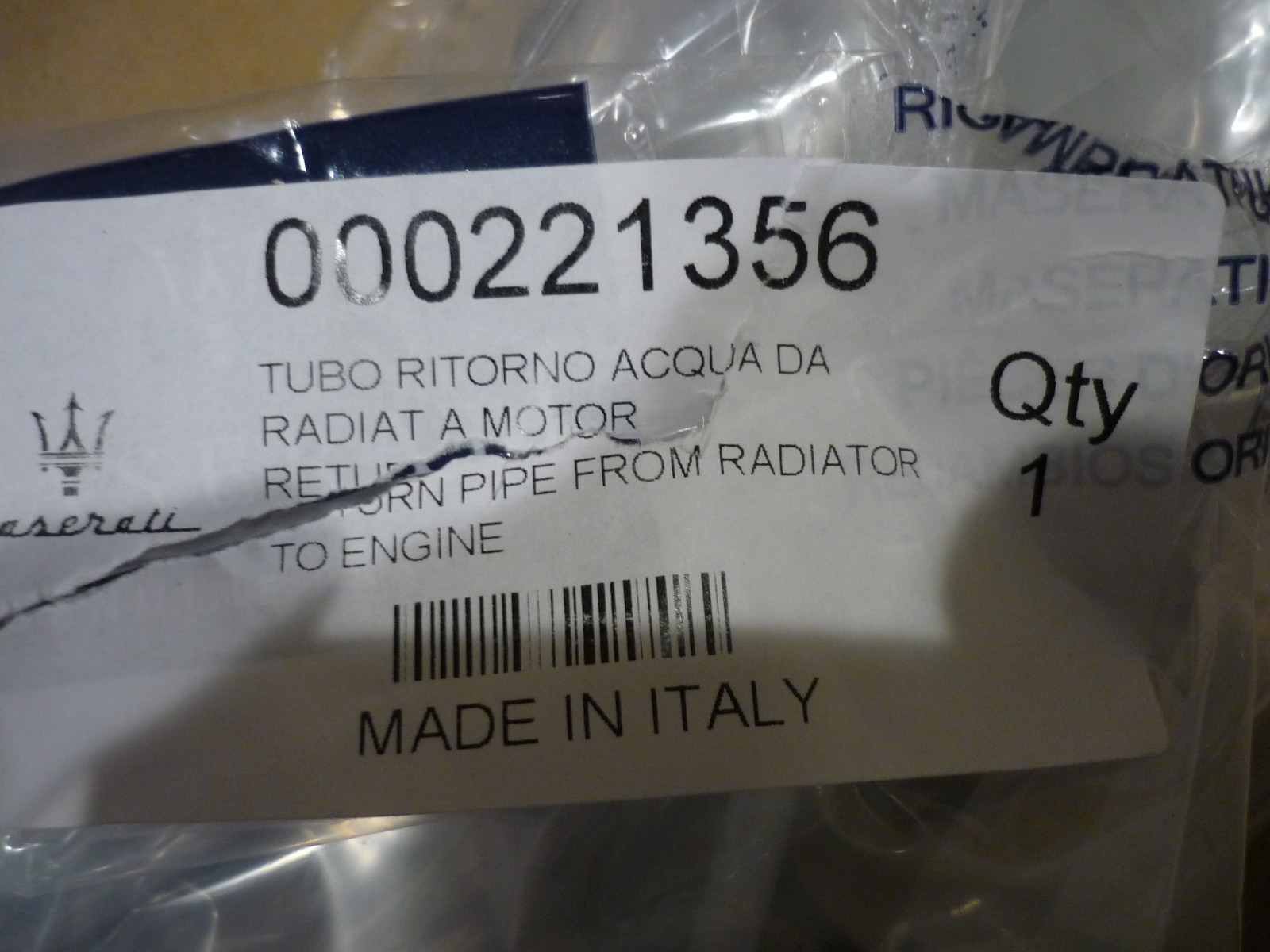 Maserati GranTurismo,Quattroporte-Return Pipe From Radiator To Engine P/N 221356