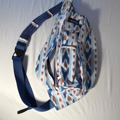 KAVU Rope Sling Crossbody Bag Blue White Geometric Pattern Adjustable Strap