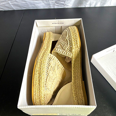 Women s Beige Embroidered Crochet Espadrille Flats Round Toe Slip On EU40