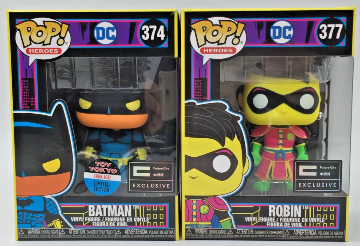 Funko Pop! DC Robin #377 Batman #374 Black Light Future City SET
