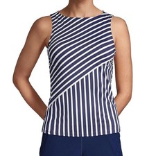 Lands End Women's High Neck UPF 50 Modest Striped Tankini Swim Top Size 8 DDD