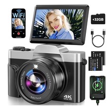 4K Digital Camera for Photography with WiFi, 64MP Autofocus with 32GB SD Card
