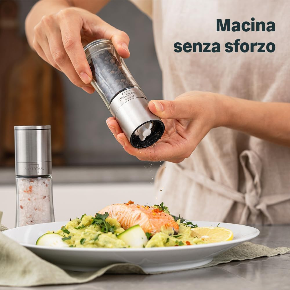 Set 2 Pezzi Macina Sale Pepe Acciaio e Vetro - Pratico e Resistente - 2