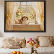 Oil Painting Shih Tzu Dog Canvas Print Floral Dog Wall Art Living Room Decor