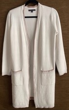 Adrienne Vittadini Ivory Textured Knit Brn Blanket Stitch Open Front Cardigan PS