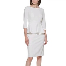 NWT Calvin Klein Womens Cream Classic 3/4-Sleeve Work Peplum Sheath Dress Size 2