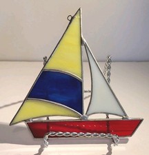 Vintage Stained Glass Sailboat Ornament Sun Catcher Water Beach Coast Decor 5"