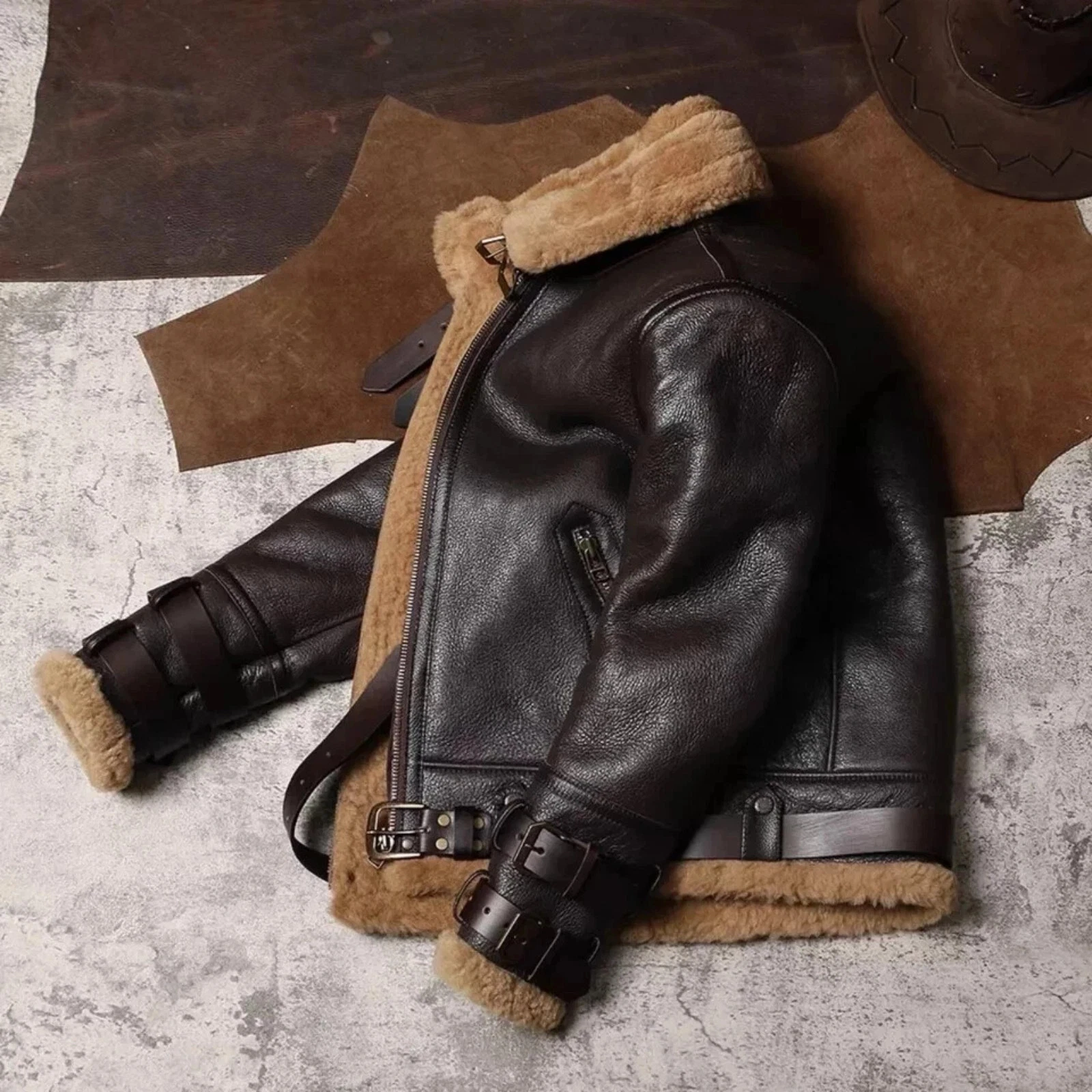 Mens B3 Aviator Shearling Leather Jacket Brown Flight Bomber Coat Christmas Gift image 4