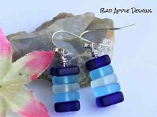 Stacked Blue  White Sea Glass Pebble Earrings Silver Plated, Beach Lover