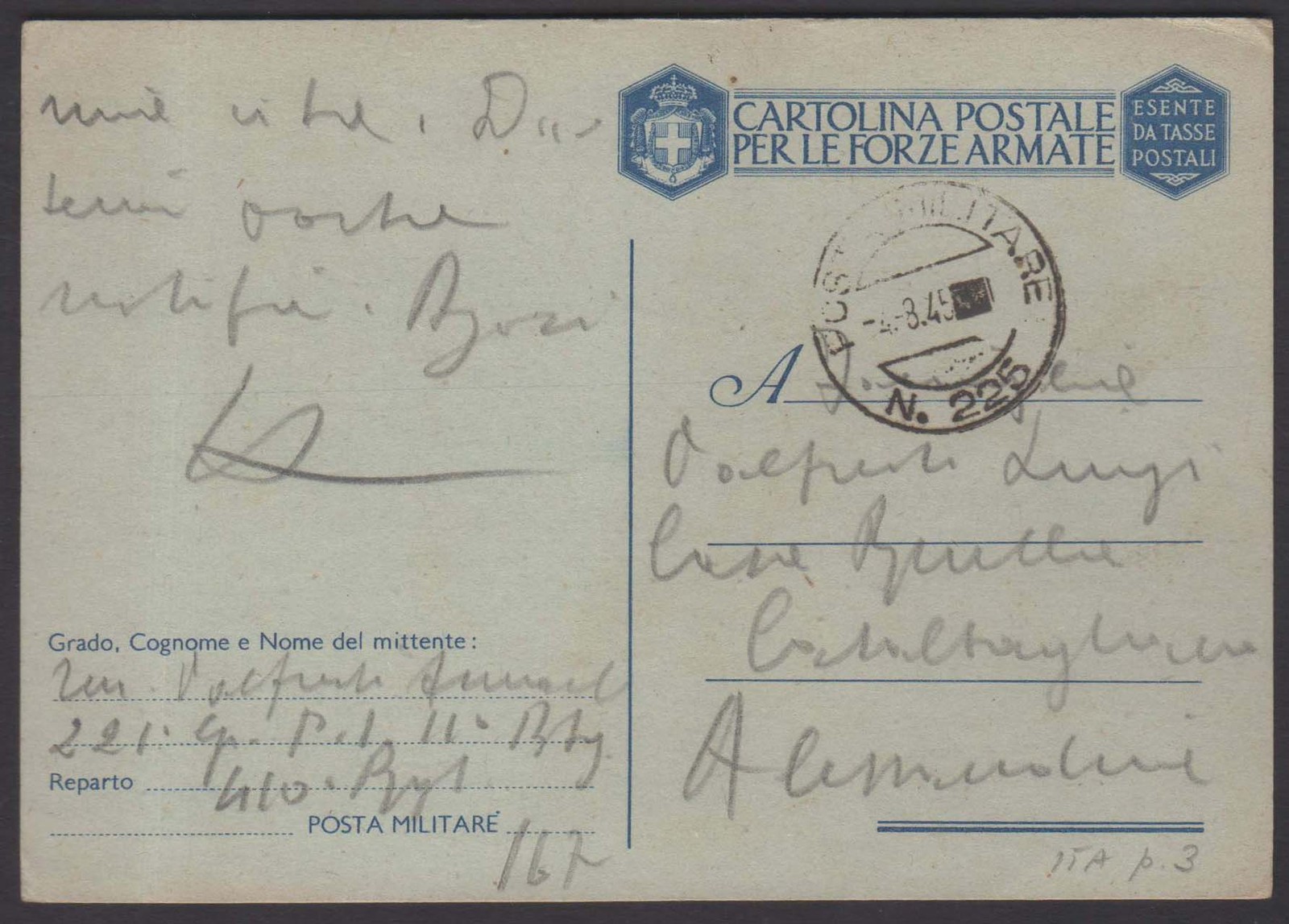POSTA MILITARE 1945 Luogotenenza Franchigia Da PM 225 A Alessandria posta-militare-1945-luogotenenza-franchigia-da-pm-225-a-alessandria