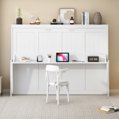 Full Queen Size Murphy Wall Bed with Hydraulic Lift and Desk Cabinet Hidden Bed