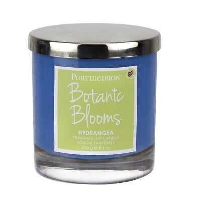 Portmeirion Botanic Blooms 38cl Glaskerze mit Wachsfüllung + Silberdeckel - Hortensie