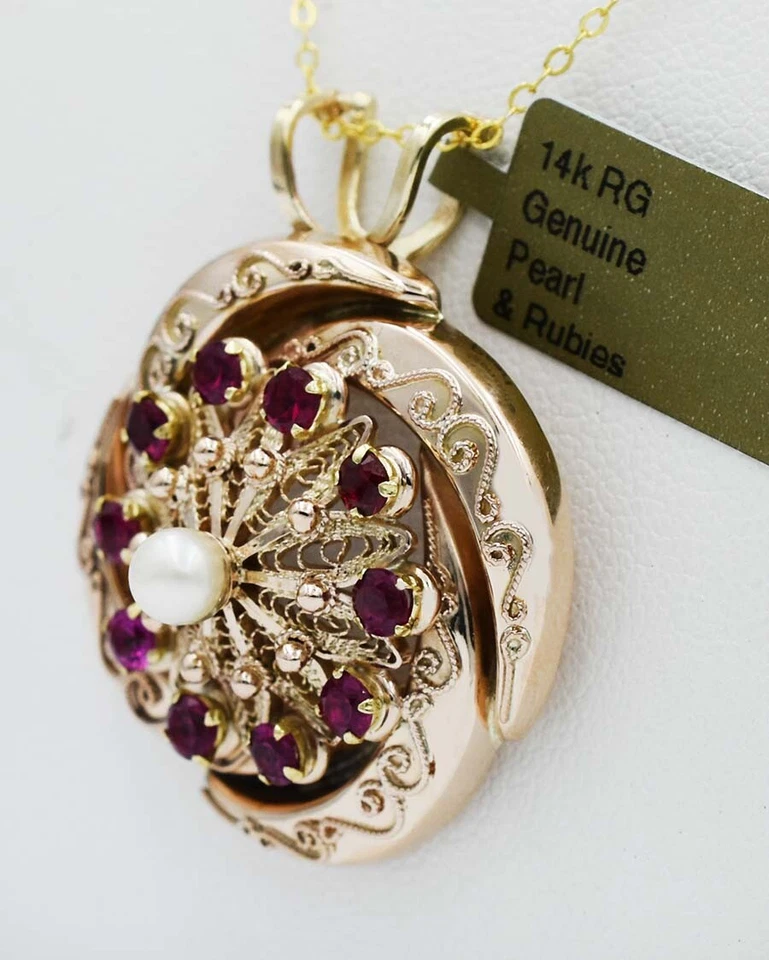 LAB RUBIES & GENUINE PEARL PENDANT NECKLACE 14k ROSE GOLD-NWT - Image 2 of 4