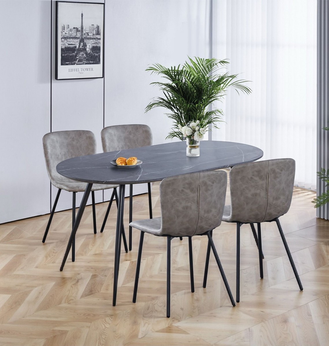 Dining Table Set, Large Grey Marble Effect Oval Table and Taupe