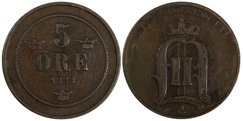 Sweden Oscar II Bronze 1888 5 Öre Small Letters aVF KM# 736 (19 718)