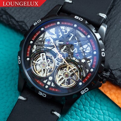 Mens Black Double Flywheel Automatic Mechanical Watch Oil Waxed Black Leather