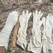 VTG 2 PAIRS LADIES LONG WHITE CLOTH DRESS GLOVES;SHIRRED;MEYERS MAKE;7 1/2;NYLON