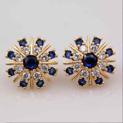 2Ct Lab Created Sapphire Cluster Stud Women's Earrings 14K Yellow Gold Finish