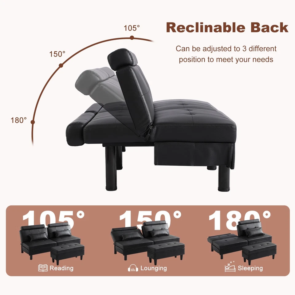 Futon Sofa Bed Convertible Futon Sofa with Ottoman, 2 Throw Pillows, Side Pocket - Image 2 of 4