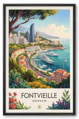 Exquisite Fontvieille Monaco Travel Poster - Artistic Riviera Charm Print A1-A4