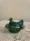 Gorgeous vintage emerald green iridescent Mosser 2 1/2” Hen on nest.