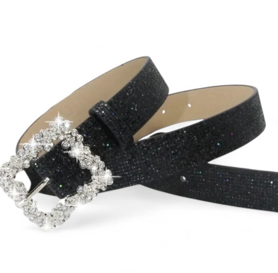 Mujer Elegante Cinturón Negro con Hebilla de Cinturón Estrás Plateado Foto 3 de 4