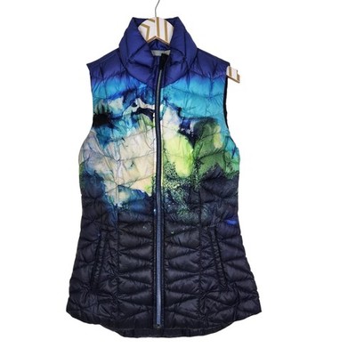 ATHLETA Altitude Down Vest Womens XXS Blue Green Watercolor Puffer Quilted Zip