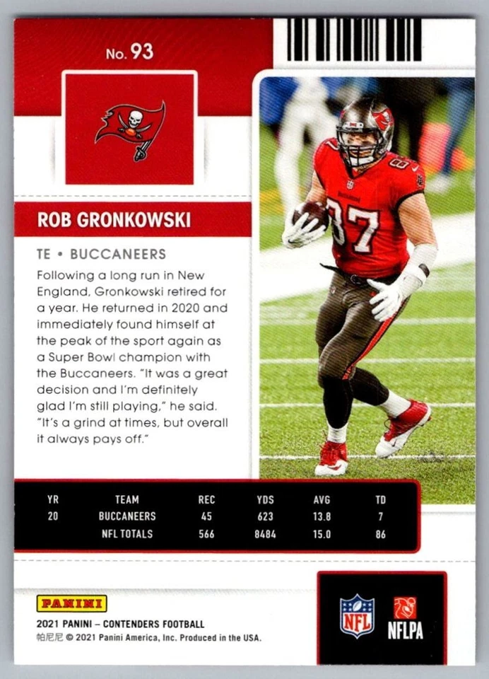 2021 Panini Contenders Red Zone Ticket Rob Gronkowski Tampa Bay Buccaneers #93 - Image 2 of 2