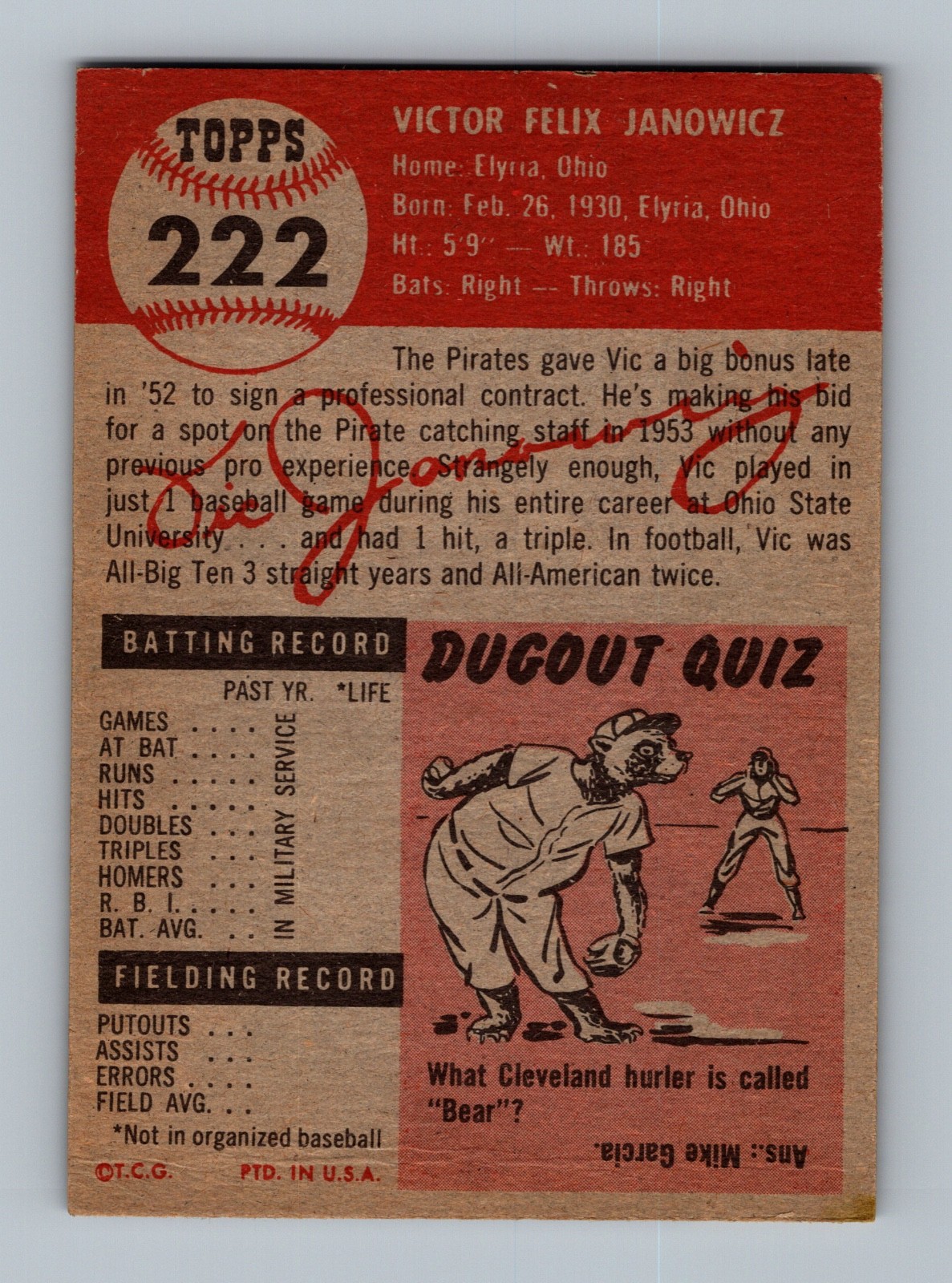 1953 Topps #222 Vic Janowicz Rookie VGEX-EX Vintage High # SP Baseball Card view 2