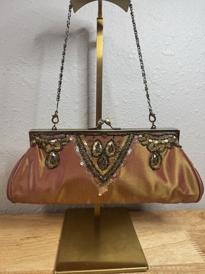 CARLO FELLINI Evening Bag CLUTCH Iridescent Bronze & Pink With Beaded Accent