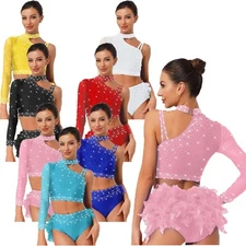 Womens Crop Top Cha-cha Tops Show Dancewear Stage Sparkly Back Feather Latin