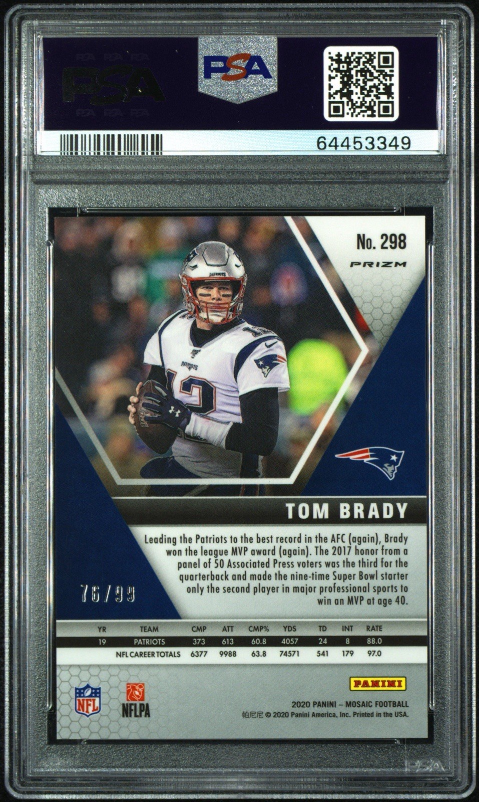 2020 Panini Mosaic Tom Brady MVP Blue Mosaic /99 PSA 10 Patriots GOAT HOF view 2