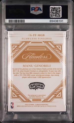 2022 Flawless Manu Ginobili Finishes Auto Ruby Auto 10/15 Card #FFMGB PSA 10 - Picture 2 of 2
