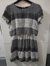 MADEWELL Dress Womens 10 BLK Mini Short Sleeve Overlay 100% Silk Stripe Polk Dot