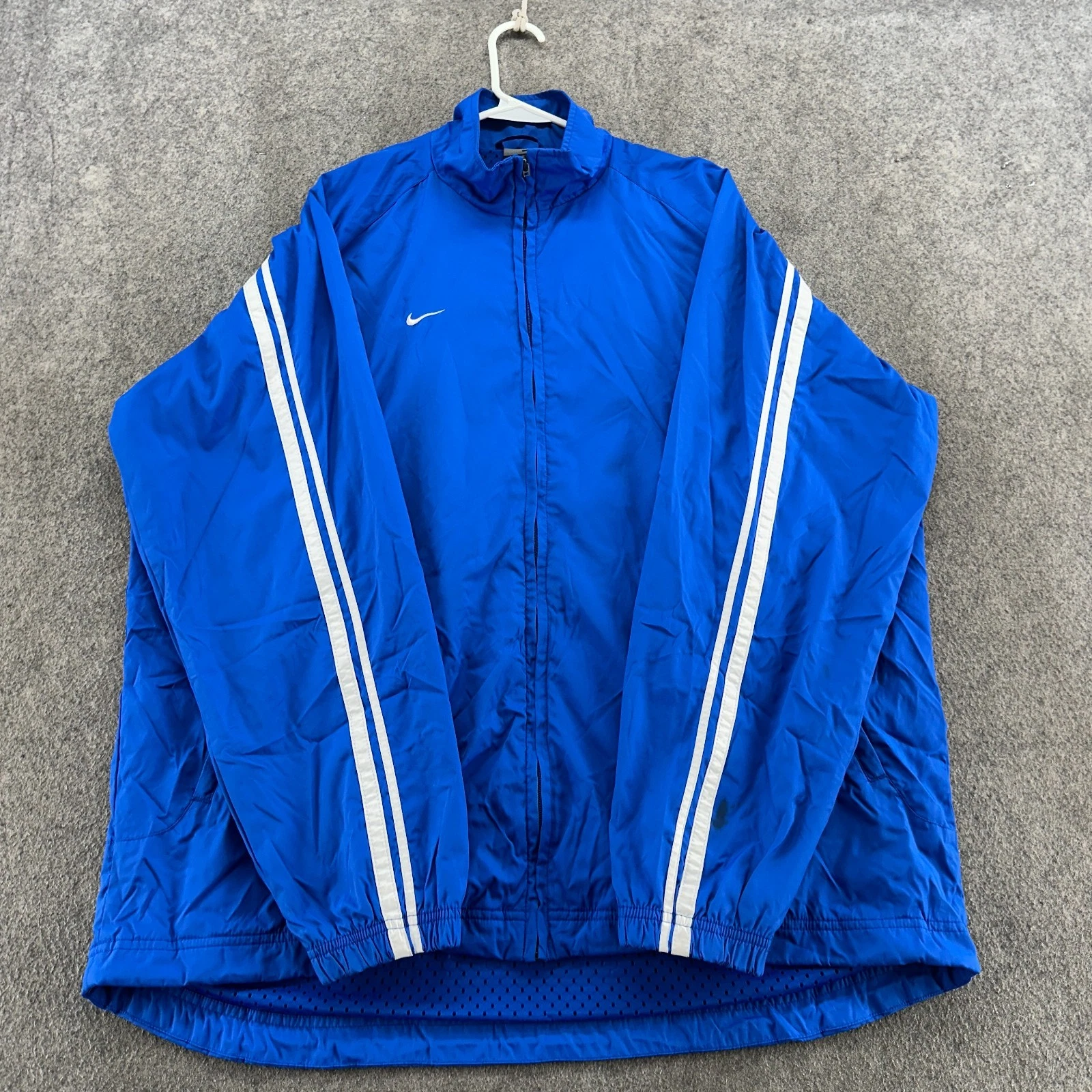 Nike Jacket Men L Blue White Stripe Full Zip Swoosh Logo Windbreaker Coat Soccer