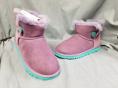 UGG K Mini Bailey Button Slip-On Boots Suede Purple/Green Size 3 NEW NO BOX!