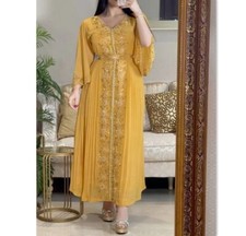 Women Party Evening Dress Middle East Flare Sleeves V Neck Abaya Kaftan