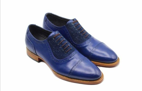 Men Blue Leather Oxford Shoes, Men Blue 
