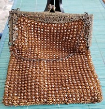 ANTIQUE CROCHETED PURSE W/ FACETED GLASS BEADS  EMBOSSED FLORAL FRAME