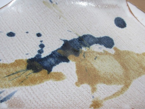 2 Unique Handmade Mid Modern Clay Sushi Plates Wht Glaze Splashed Blue Gold Art - Picture 8 of 12