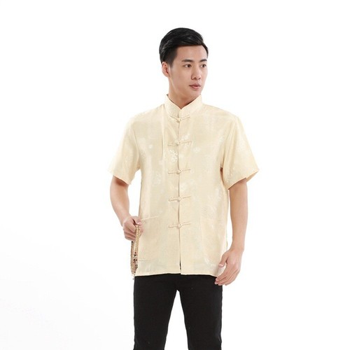 Chinese Men Tang Suit Kungfu Shirt Summer Tops Silk Satin Button T-shirt Costume - Picture 12 of 12