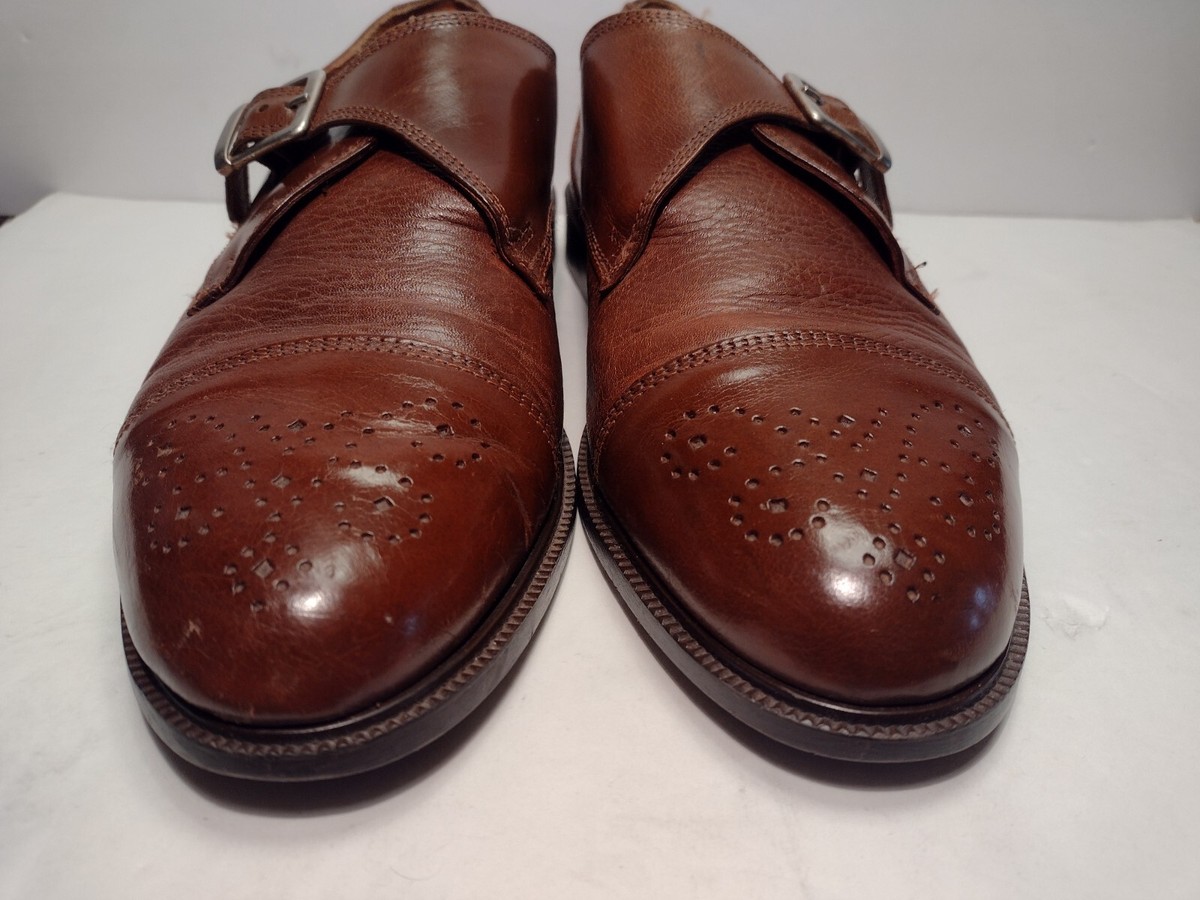 HANDMADE ITALY BROWN MENS LEATHER DRESS MONK STRAP SHOES SZ 
