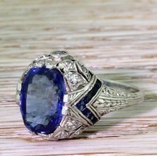 Art Deco 4.25Ct Blue Sapphire Oval CZ Vintage Engagement Ring In 925 Silver