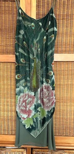 Women’s vintage boho kiwi green dress, embroidered peacock design, on straps