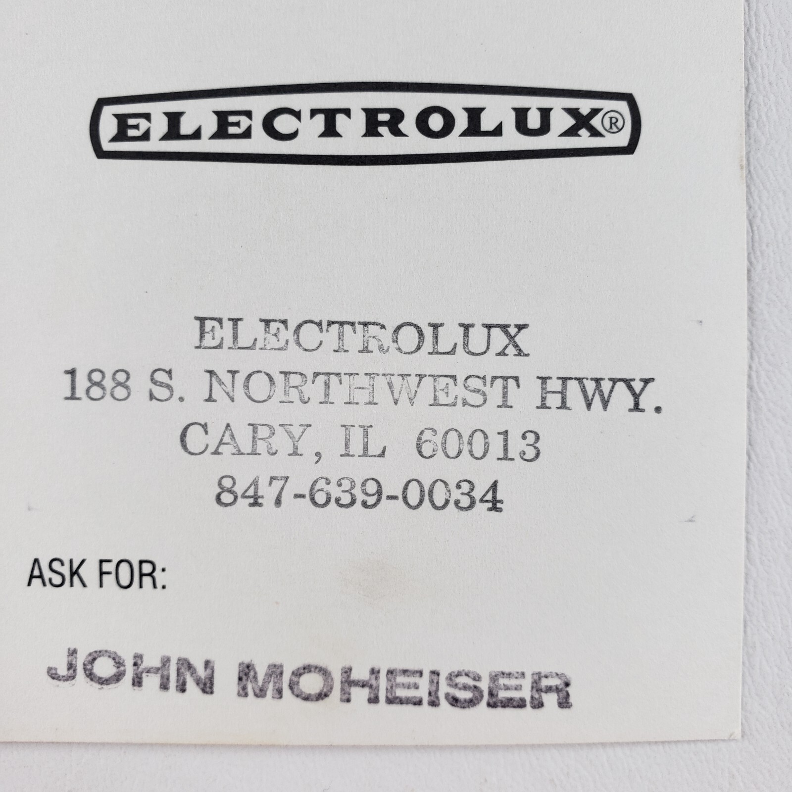 Electrolux Vacuum Cary Illinois Postcard 1990s Salesman Trade Card Ad