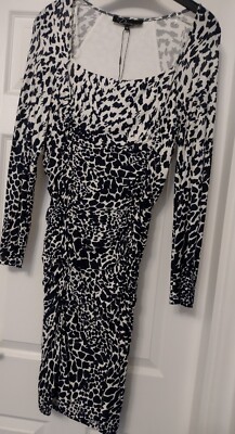 Matalan  D Designer Navy & Cream Dress 12 Stretchy Ruched front lined NEW Tagged